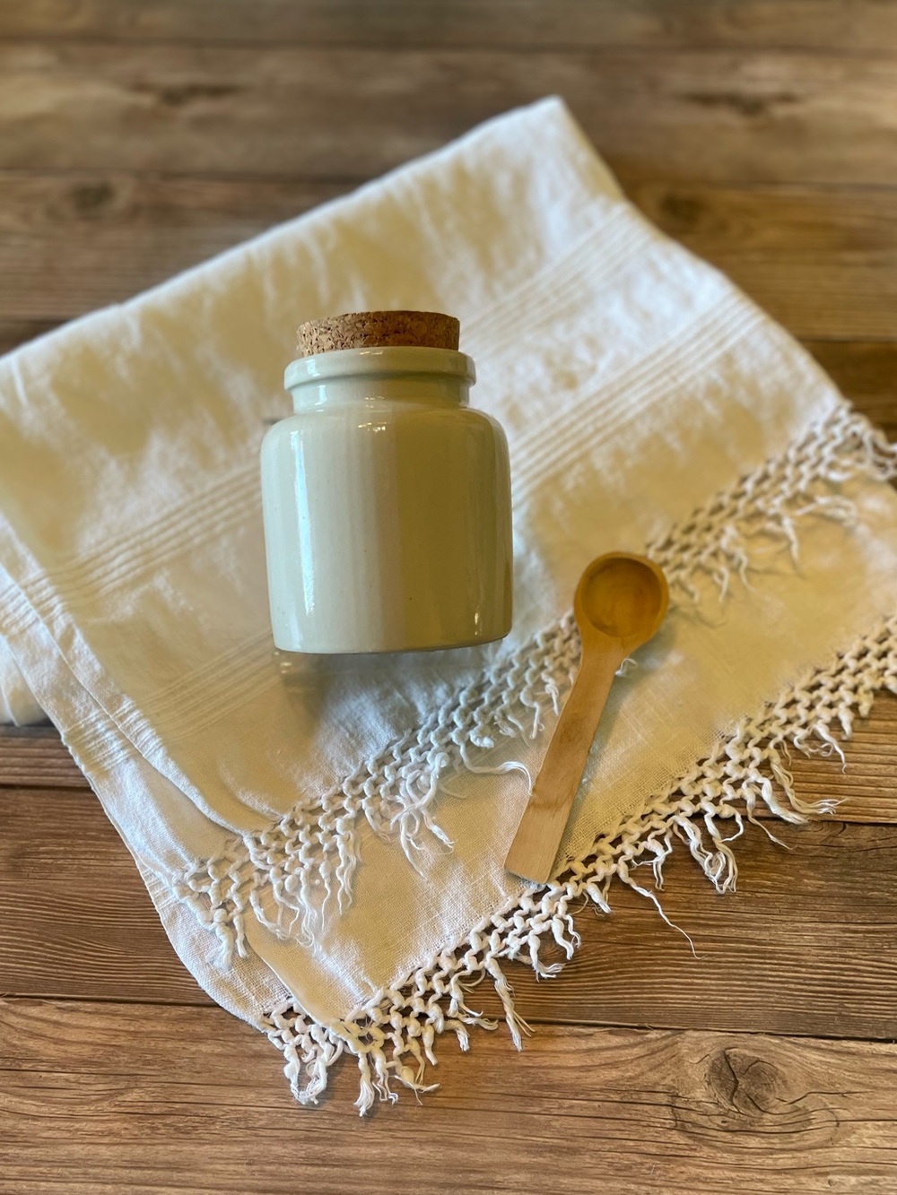 Antique French Stoneware Mustard Crock   & mini Spoon